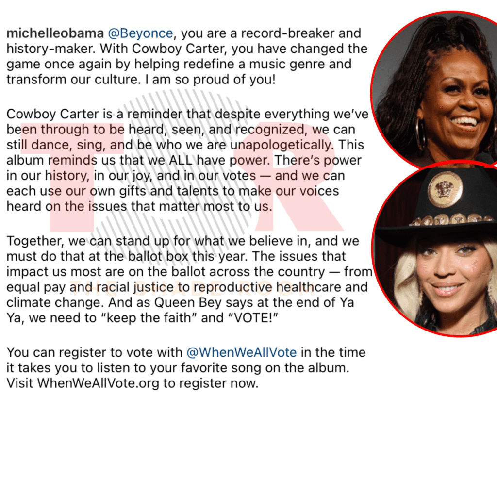 EXCLUSIVE: Michelle Obama Praises Beyonce Cowboy Carter saying ‘I Am So Proud of You!’